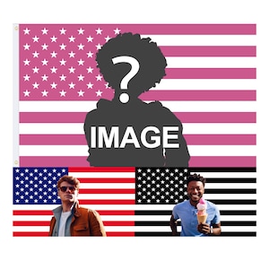 Op de afbeelding: Een roze en witte Amerikaanse vlag met een silhouet van een persoon met een vraagteken op zijn hoofd. Het silhouet staat voor de vlag. De onderkant van de afbeelding toont twee mannen, een draagt een bruin jack en de ander een blauw shirt. De mannen staan voor twee Amerikaanse vlaggen, een met rode en witte strepen en de andere met zwarte en witte strepen.