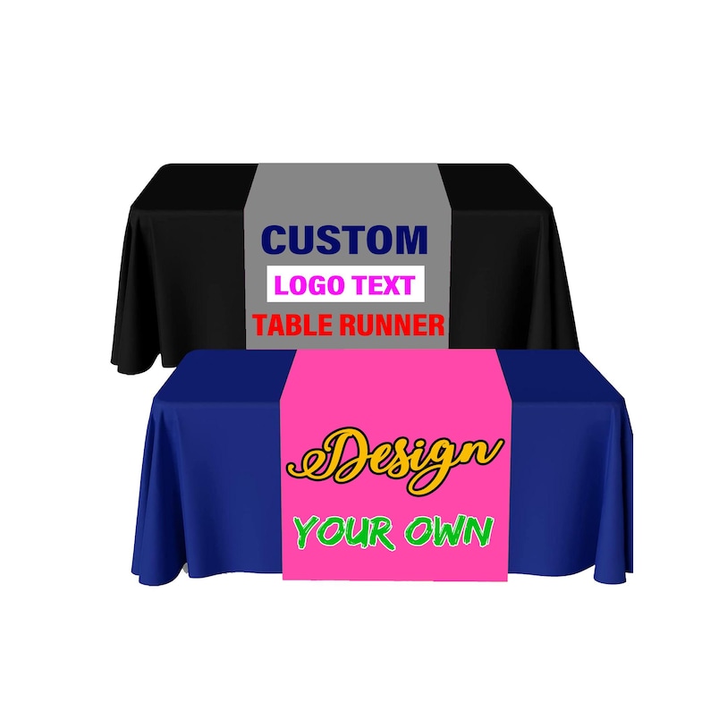 Camino de mesa personalizado de 91 x 183 cm con texto de logotipo comercial. Manteles personalizados. Personalice su logotipo para ferias comerciales. imagen 1