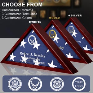 May include: A wooden triangular shadow box with a folded American flag inside. The box has a gold, silver, or white emblem on the front. The box is personalized with a name, branch of service, and dates of service. The box is available in three colors: gold, silver, and white.