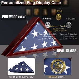Customized Flag Case for Burial Flag 5' x 9.5' American Veteran Flag Box Real Glass Panel Memorial Flag Shadow Box with Personalized Name image 2