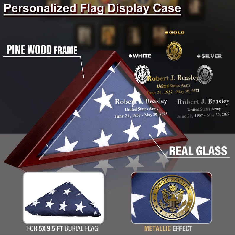 Customized Flag Case for Burial Flag 5' x 9.5' American Veteran Flag Box Real Glass Panel Memorial Flag Shadow Box with Personalized Name image 2