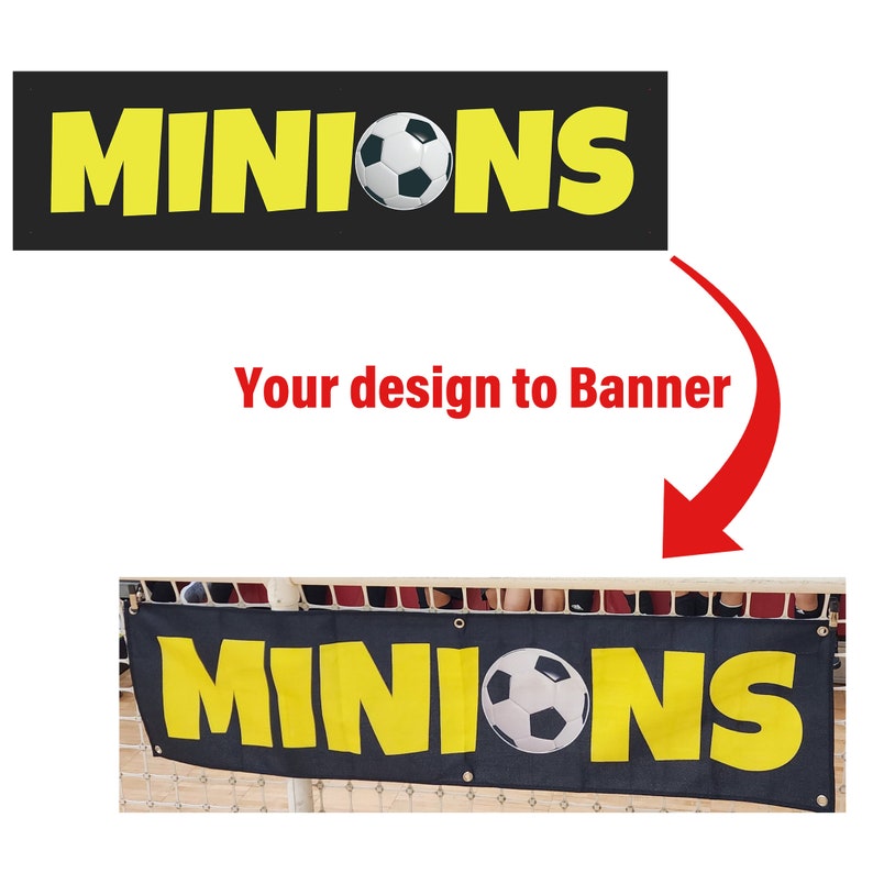 May include: A black banner with the word "MINIONS" in yellow letters and a black and white football in the middle.
