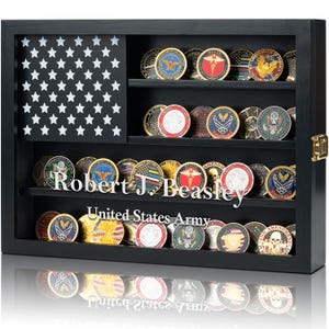 Custom Coin Display Case 11x15 Inch Solid Wood & Glass Front Challenge Coin Holder with Personalized Text Military Coin Storage Box