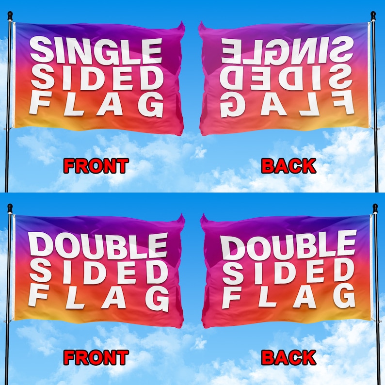 Puede incluir: Dos im&aacute;genes que muestran el frente y la parte posterior de una bandera de un solo lado y una bandera de doble cara. Las banderas son un degradado de rosa, naranja y amarillo. El texto en las banderas dice "SINGLE SIDED FLAG" y "DOUBLE SIDED FLAG".