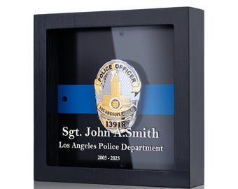 Personalized Police Badge Display Case 8x8 Inches– Custom Law Enforcement Retirement & Memorial Gift, Wooden Badge Shadow Box