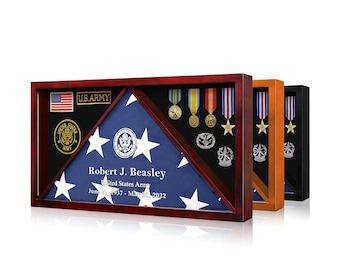 Personalized Military Memorial Flag Display Case Real Glass and Pine Wood Burial Flag Holder with Display Section for Badges Medals