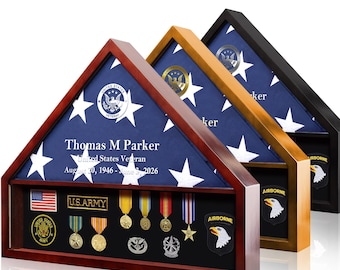 Personalized Military Memorial Display Case for Burial Flag Real Glass and Pine Wood Flag Holder with Display Section for Badges and Medals