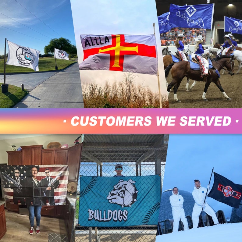 Puede incluir: Un collage de im&aacute;genes que muestran varios negocios y organizaciones que han utilizado banderas personalizadas. Las im&aacute;genes incluyen un campo de golf, un campo de b&eacute;isbol, un rodeo y una casa residencial. Las banderas presentan diferentes dise&ntilde;os, incluyendo un logotipo con el texto "TC Ranch", una cruz con el texto "Alila", una mascota de bulldog con el texto "Bulldogs" y una bandera negra con el texto "SLUM".