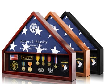 Personalized Military Memorial Display Case for Burial Flag Real Glass and Pine Wood Flag Holder with Display Section for Badges and Medals