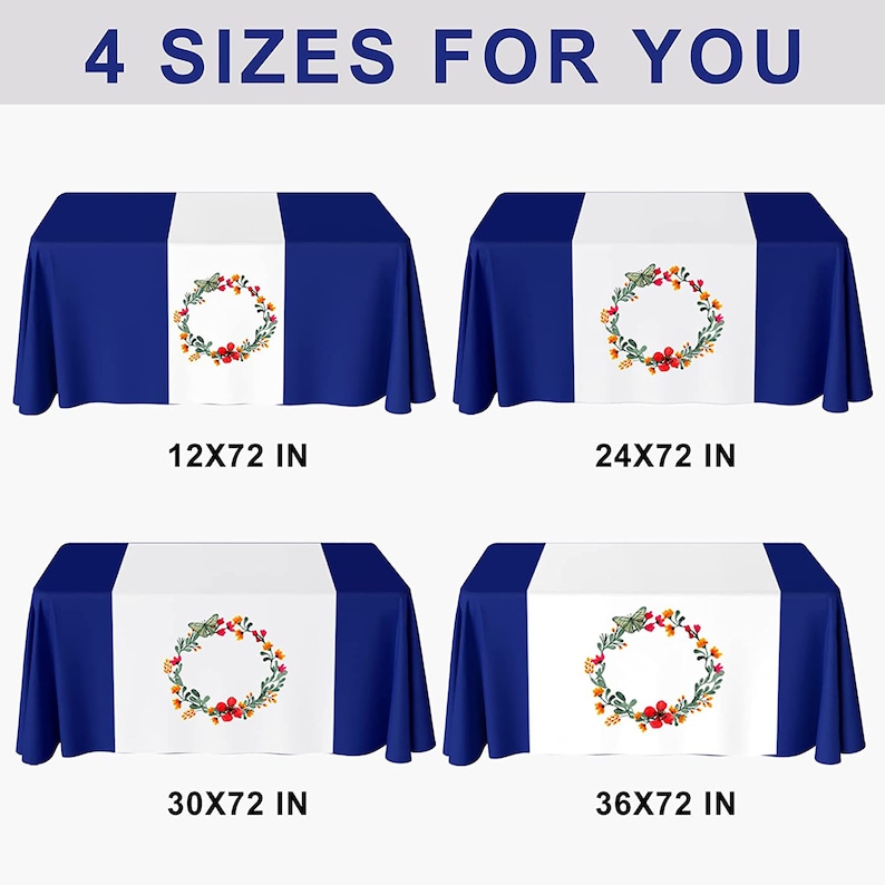 K&ouml;nnte beinhalten: Vier blau-wei&szlig;e Tischl&auml;ufer mit floralen Kranzdesigns werden gezeigt. Die L&auml;ufer sind in vier Gr&ouml;&szlig;en erh&auml;ltlich: 30x183 cm, 61x183 cm, 76x183 cm und 91x183 cm. Der Text "4 GR&Ouml;SSEN F&Uuml;R SIE" steht oben.