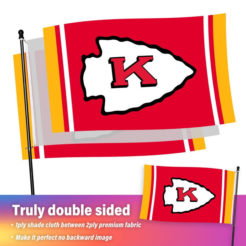 Puede incluir: Bandera de doble cara con una punta de flecha roja con un contorno blanco y una "K" roja en su interior. La punta de flecha est&aacute; sobre un fondo rojo con una franja amarilla en la parte superior e inferior. El texto "Truly double sided" est&aacute; debajo de la bandera. El texto "1ply shade cloth between 2ply premium fabric" y "Make it perfect no backward image" est&aacute;n debajo del texto "Truly double sided".