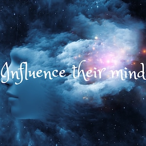 May include: A blue and white abstract image with a stylized face and the text "Influence their mind".