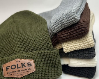 Bulk - Custom Leather Patch Knit Beanie | Design Your Own Personalized Beanie with Company Logo | Unisex Winter Hat Great For Gift