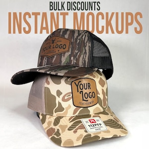 May include: Two trucker hats stacked on top of each other. The top hat has a camouflage pattern with a black mesh back and a leather patch that says "Your Logo". The bottom hat has a brown and tan camouflage pattern with a tan mesh back and a leather patch that says "Your Logo". The text "Bulk Discounts" and "Instant Mockups" are at the top.