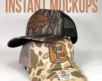 Gorra de camionero con parche de cuero de camuflaje personalizada / Gorra snapback de cinco paneles con estampado Richardson 112 personalizada / Camuflaje de pato