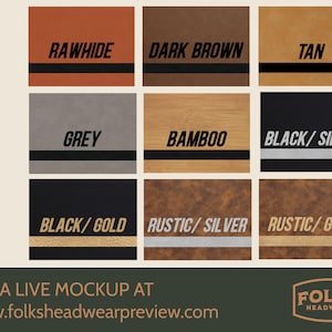 May include: A grid showcasing nine color swatches for patches, including "Rawhide," "Dark Brown," and "Tan." Each swatch has a black stripe. The text "PATCH COLORS" is on the left. The website address www.folksheadwearpreview.com is at the bottom.
