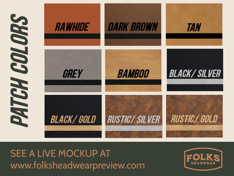 May include: A grid showcasing nine color swatches for patches, including "Rawhide," "Dark Brown," and "Tan." Each swatch has a black stripe. The text "PATCH COLORS" is on the left. The website address www.folksheadwearpreview.com is at the bottom.