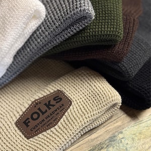 Custom Leather Patch Knit Beanie | Design Your Own Personalized Beanie with Company Logo | Unisex Winter Hat Great For Gift