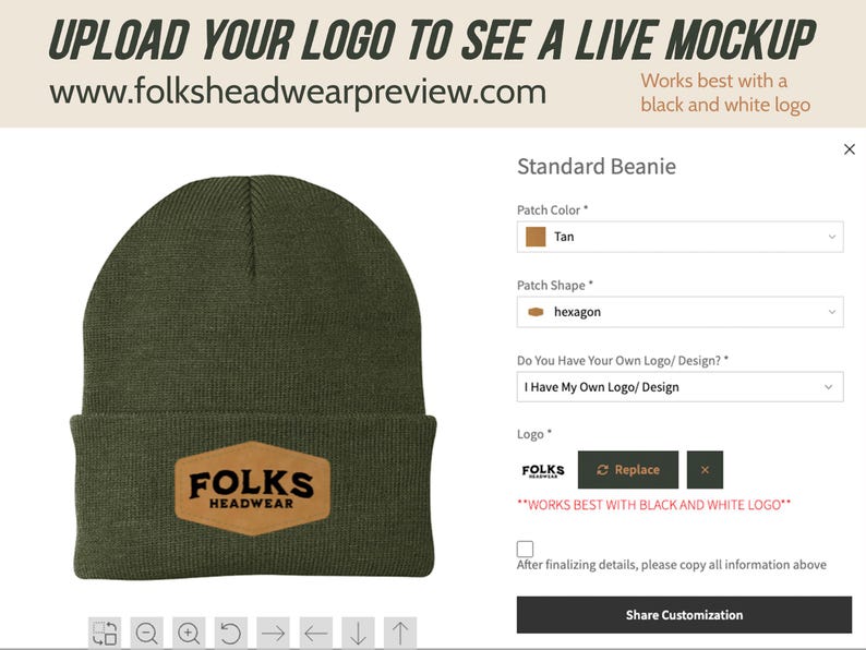 May include: Olive green beanie with a tan hexagon patch featuring the "FOLKS HEADWEAR" logo. The website address www.folksheadwearpreview.com is displayed above the beanie. The text "Works best with a black and white logo" is also visible.