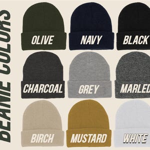 May include: A collection of nine beanies in various colors, including olive, navy, black, charcoal, grey, marled, birch, mustard, and white. Each beanie has a folded brim with the color name in white block letters. The words "Beanie Colors" are printed vertically on the left.