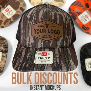May include: A collection of camouflage-patterned baseball caps. The central cap features a leather patch with the text "YOUR LOGO" and "FOLKS HEADWEAR." The image also displays the text "BULK DISCOUNTS" and "INSTANT MOCKUPS."