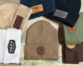 Bulk - Custom Leather Patch Beanies | Personalized Beanie Hats with Custom Logo | Unisex Winter Hat | Company Logo Gift