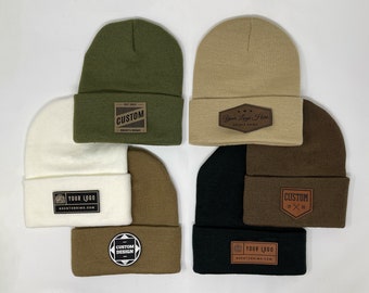 Custom Leather Patch Beanies | Personalized Beanie Hats with Custom Logo | Unisex Winter Hat | Company Logo Gift