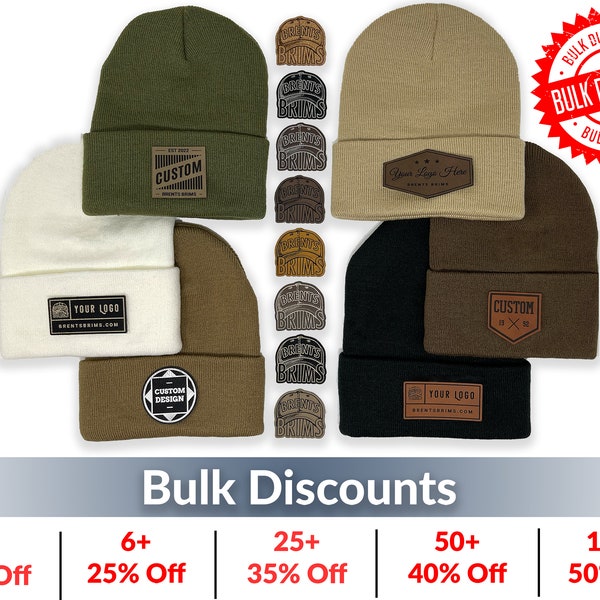 Bulk - Custom Leather Patch Beanies | Personalized Beanie Hats with Custom Logo | Unisex Winter Hat | Company Logo Gift