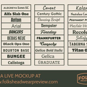May include: A beige graphic with font options for headwear. The image displays three columns of font names, including "Bangers" and "Titan One." The text "Font Options" is on the left side. The bottom of the image includes the website address for a live mockup.