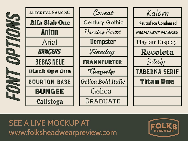 May include: A beige graphic with font options for headwear. The image displays three columns of font names, including "Bangers" and "Titan One." The text "Font Options" is on the left side. The bottom of the image includes the website address for a live mockup.