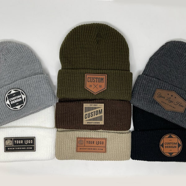 Custom Leather Patch Knit Beanie | Design Your Own Personalized Beanie with Company Logo | Unisex Winter Hat Great For Gift