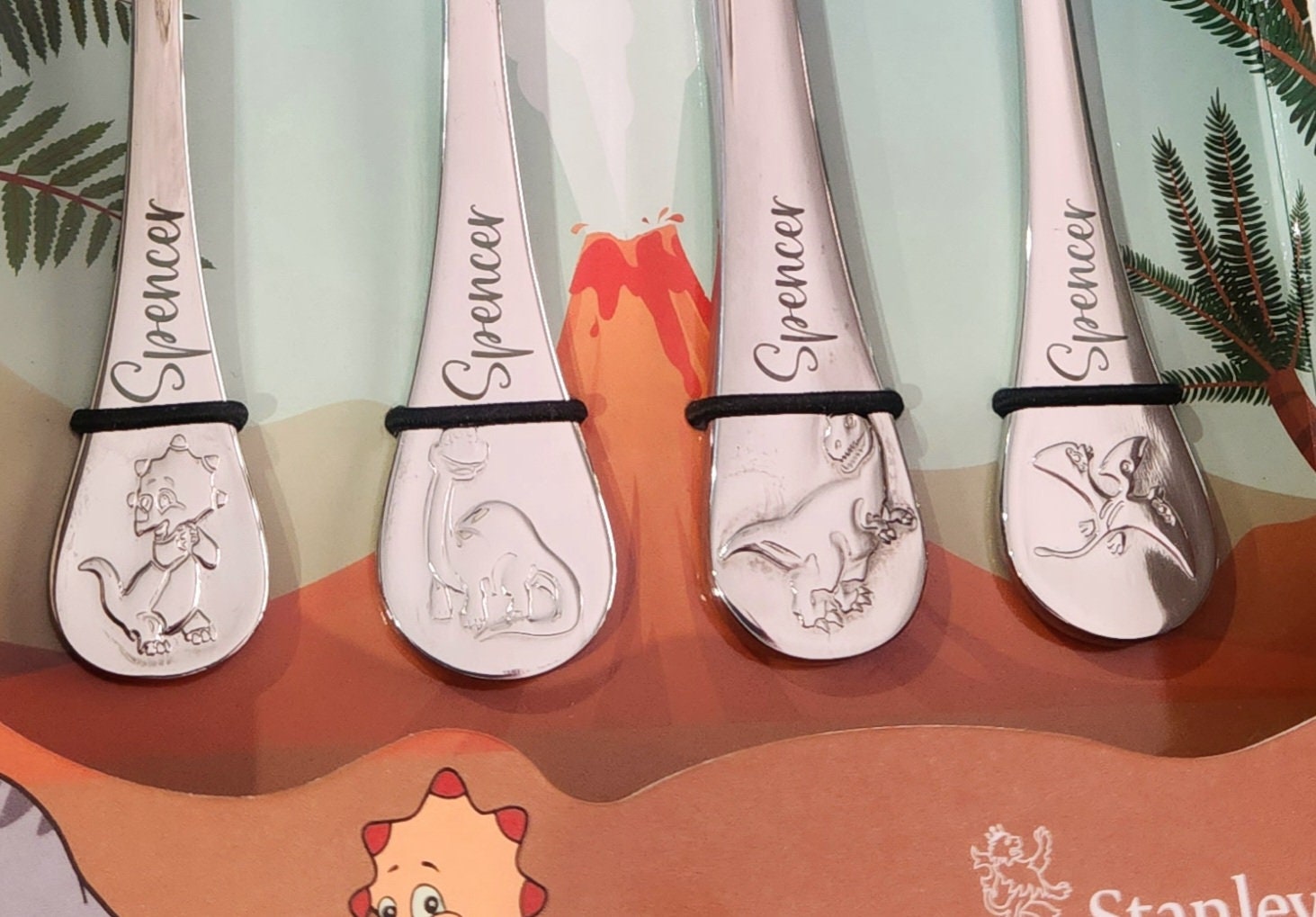 Custom Laser Engraved Baby/Toddler Cutlery 4 Piece Set Dinosaurs Embossed Stanley Rogers