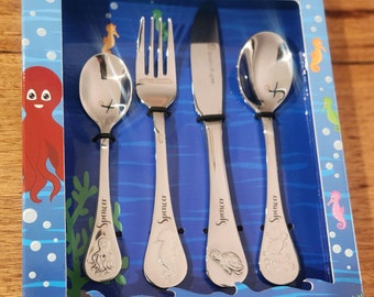 Custom Laser Engraved Baby/Toddler Cutlery 4 Piece Set Sea Animals Embossed Stanley Rogers