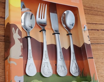 Custom Laser Engraved Baby/Toddler Cutlery 4 Piece Set Australian Animals Embossed Stanley Rogers