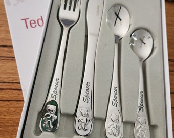 Custom Laser Engraved Baby/Toddler Cutlery (4 Piece Set) Teddy Embossed