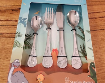 Custom Laser Engraved Baby/Toddler Cutlery 4 Piece Set Dinosaurs Embossed Stanley Rogers