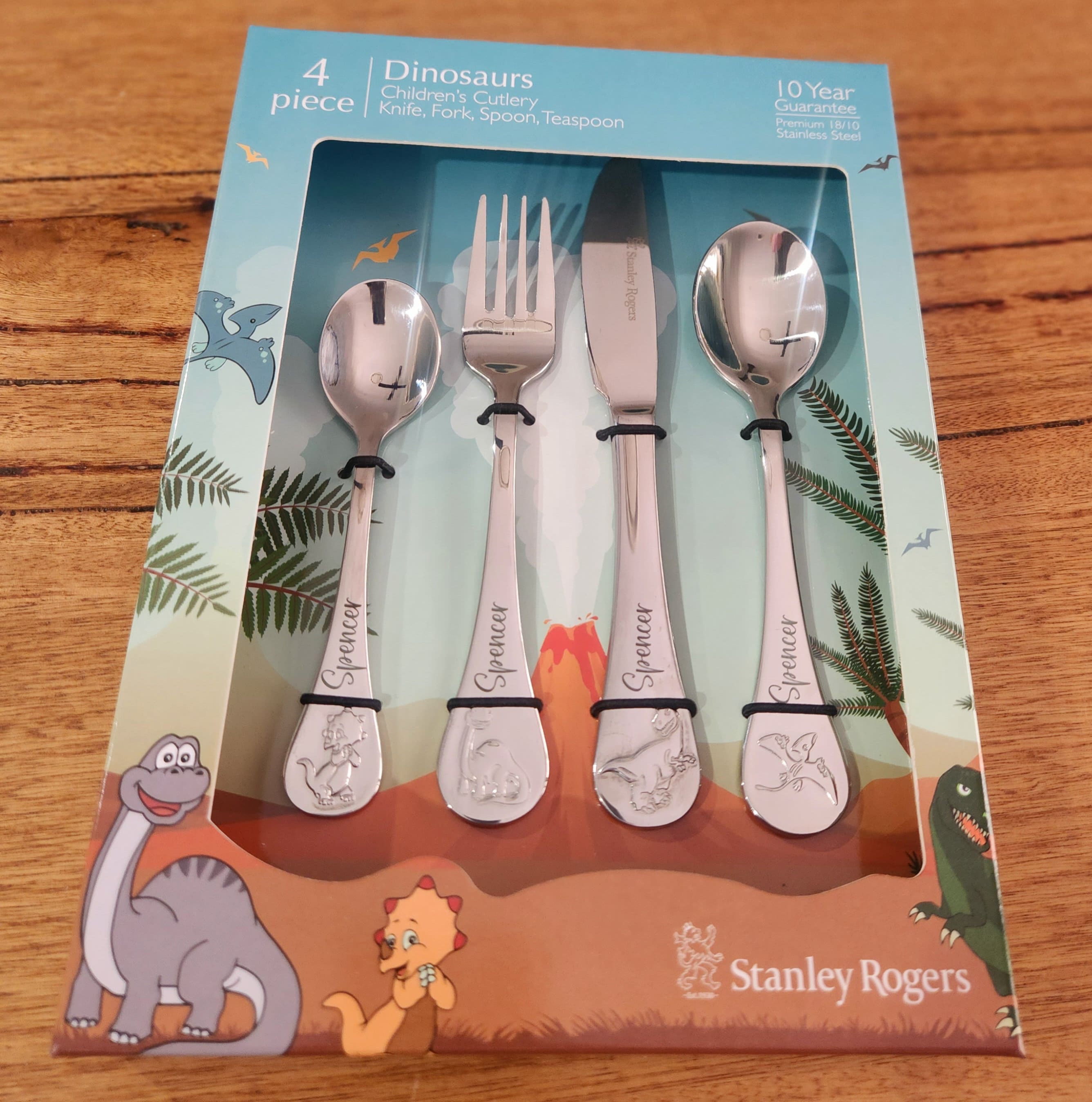 Custom Laser Engraved Baby/Toddler Cutlery 4 Piece Set Dinosaurs Embossed Stanley Rogers