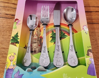 Custom Laser Engraved Baby/Toddler Cutlery 4 Piece Set Fairy Tale Embossed Stanley Rogers