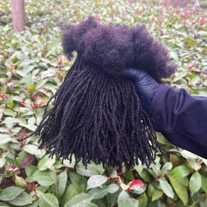 Peut inclure: Un paquet de dreadlocks préfabriquées brun foncé. Les dreadlocks sont tenues dans une main gantée sur un fond de feuillage vert. Les dreadlocks sont étroitement enroulées et ont un aspect naturel et texturé, adapté à diverses coiffures.