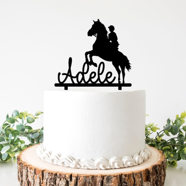 Topper per torta personalizzato per cavaliere di cavallo, decorazione per torta equestre, salto di cavalli, topper per torta con nome personalizzato