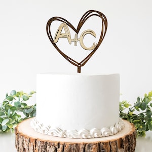 Country Wedding Cake Topper, Carved Heart, Personalized Rustic Wedding Cake Topper, Bride and Groom Initials Cake Topper, Custom Topper