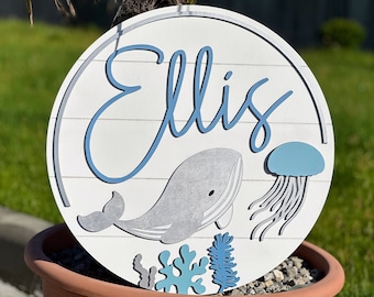 Personalized Ocean Theme Name Sign - Under The Sea Wooden Sign - Whale - Custom Colors - Nursery - Beach - Baby Shower Gift