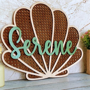 3D Seashell Nursery Name Sign, Personalized Wooden Sign, Boho Nursery Decor, Girls Bedroom Wall or Door Sign, Ocean Inspired, Mermaid Decor image 1