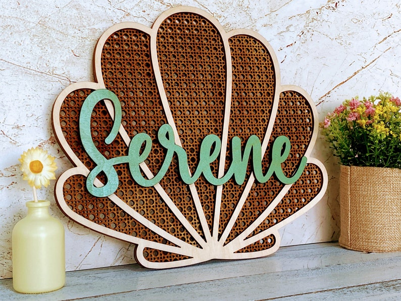 3D Seashell Nursery Name Sign, Personalized Wooden Sign, Boho Nursery Decor, Girls Bedroom Wall or Door Sign, Ocean Inspired, Mermaid Decor image 1