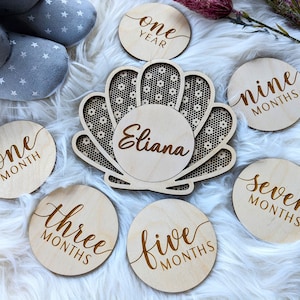 Conjunto de hitos mensuales de Baby Seashell con tarjeta "Hello World": accesorios fotográficos de recuerdo para bebés y disco para letrero con nombre personalizado
