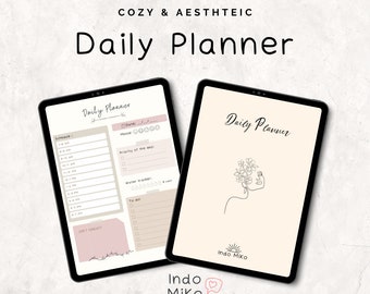 May include: A digital daily planner with a beige background and a simple line drawing of a woman's face with flowers. The text "Daily Planner" is at the top of the page. The text "Indo Miko" is at the bottom of the page.