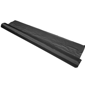 May include: A roll of black plastic sheeting, partially unrolled, against a white background. The sheeting appears to be made of a thin, flexible material, with a slightly wrinkled texture. The unrolled portion lies flat, while the rolled section is cylindrical.
