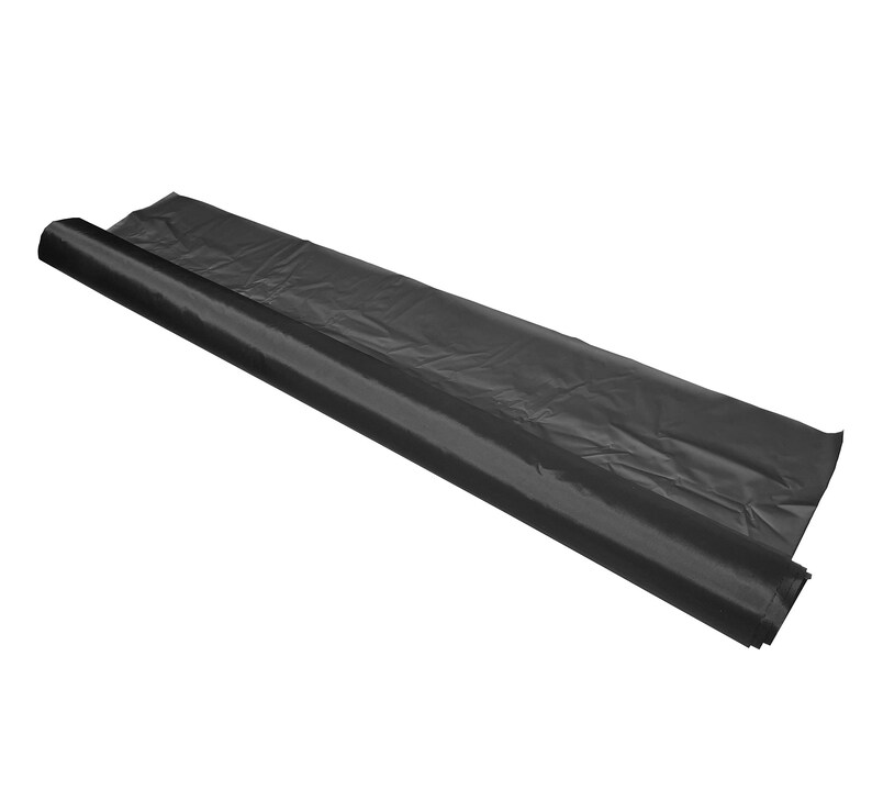 May include: A roll of black plastic sheeting, partially unrolled, against a white background. The sheeting appears to be made of a thin, flexible material, with a slightly wrinkled texture. The unrolled portion lies flat, while the rolled section is cylindrical.