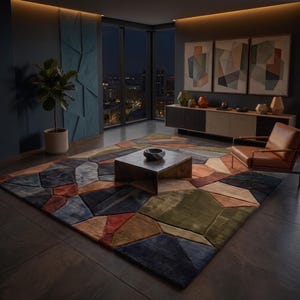 May include: A large area rug featuring a geometric pattern of multi-colored polygons in shades of blue, green, rust, and tan. The rug has a textured, multi-level pile that creates depth and dimension across its surface, covering a dark floor.