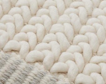 Handmade Braided Natural Wool Rug - Hand Knitted Chunky Wool Area Rug, for Bedroom, Living room, Office and Hall, Size 5x8 6x9 9x12 Ivory.